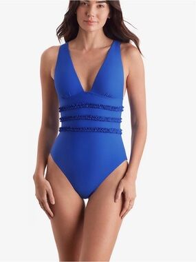 Plunge One-Piece Swimsuit in Cobalt Blue with Ruching